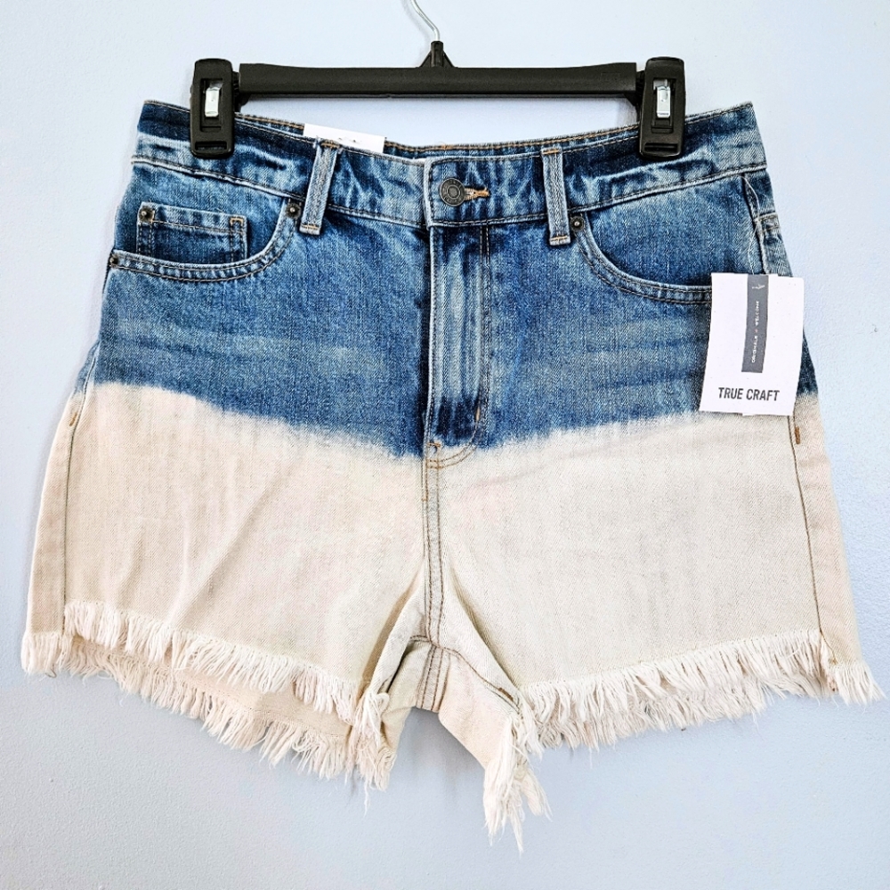 NWT True Craft High Rise Half-Bleached Fitted Blue Denim Shorts w/ Fringe Edge